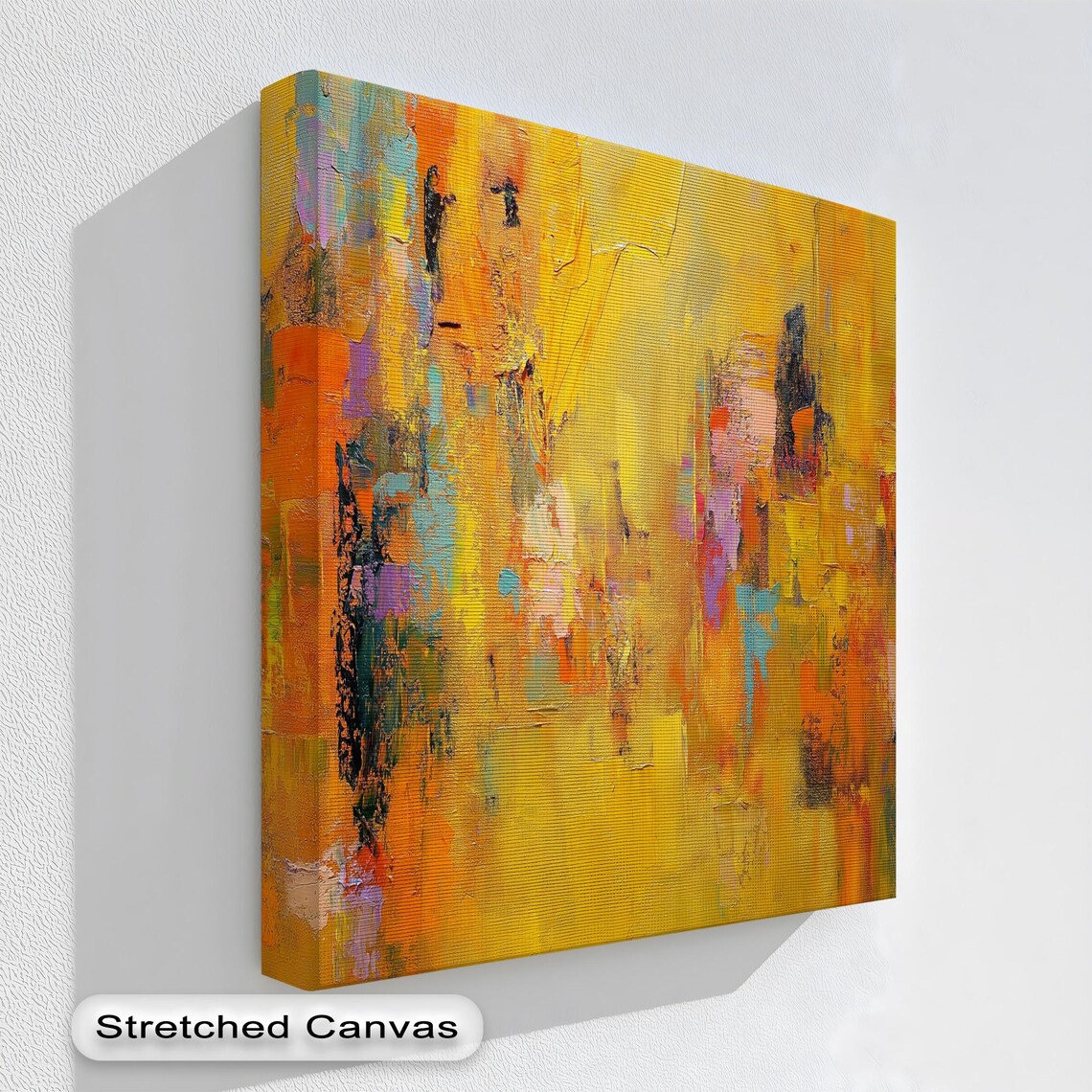 Yellow Orange Abstract Canvas Art Modern Textured Painting With Floating Frame