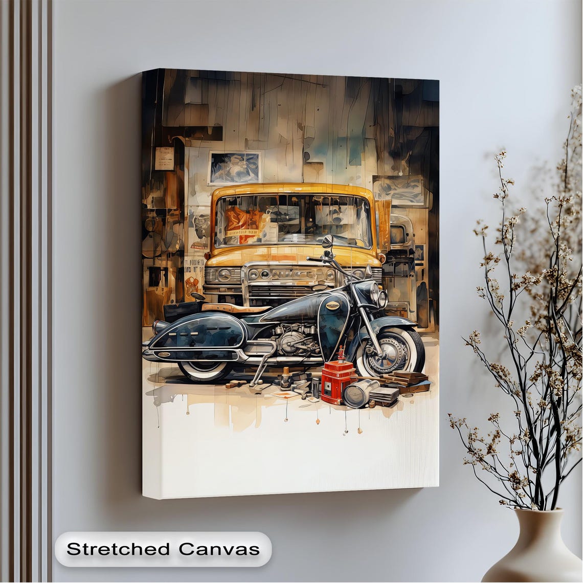 Vintage Motorcycle Garage Classic Truck Retro Workshop Scene Poster