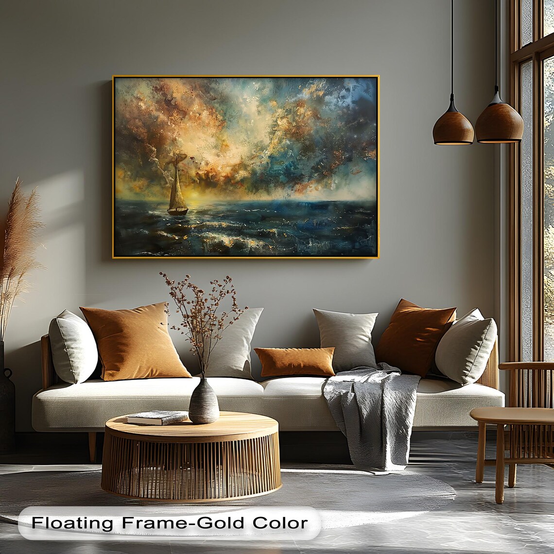 Sailboat On Stormy Sea Dramatic Sunset Ocean Painting Moody Nautical Wall Art