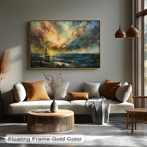Sailboat On Stormy Sea Dramatic Sunset Ocean Painting Moody Nautical Wall Art