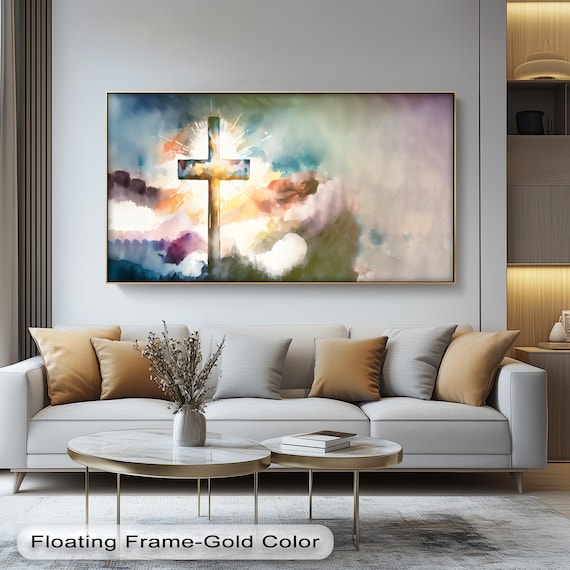 Sunrise Cross Glowing Clouds Watercolor Christian Faith Poster