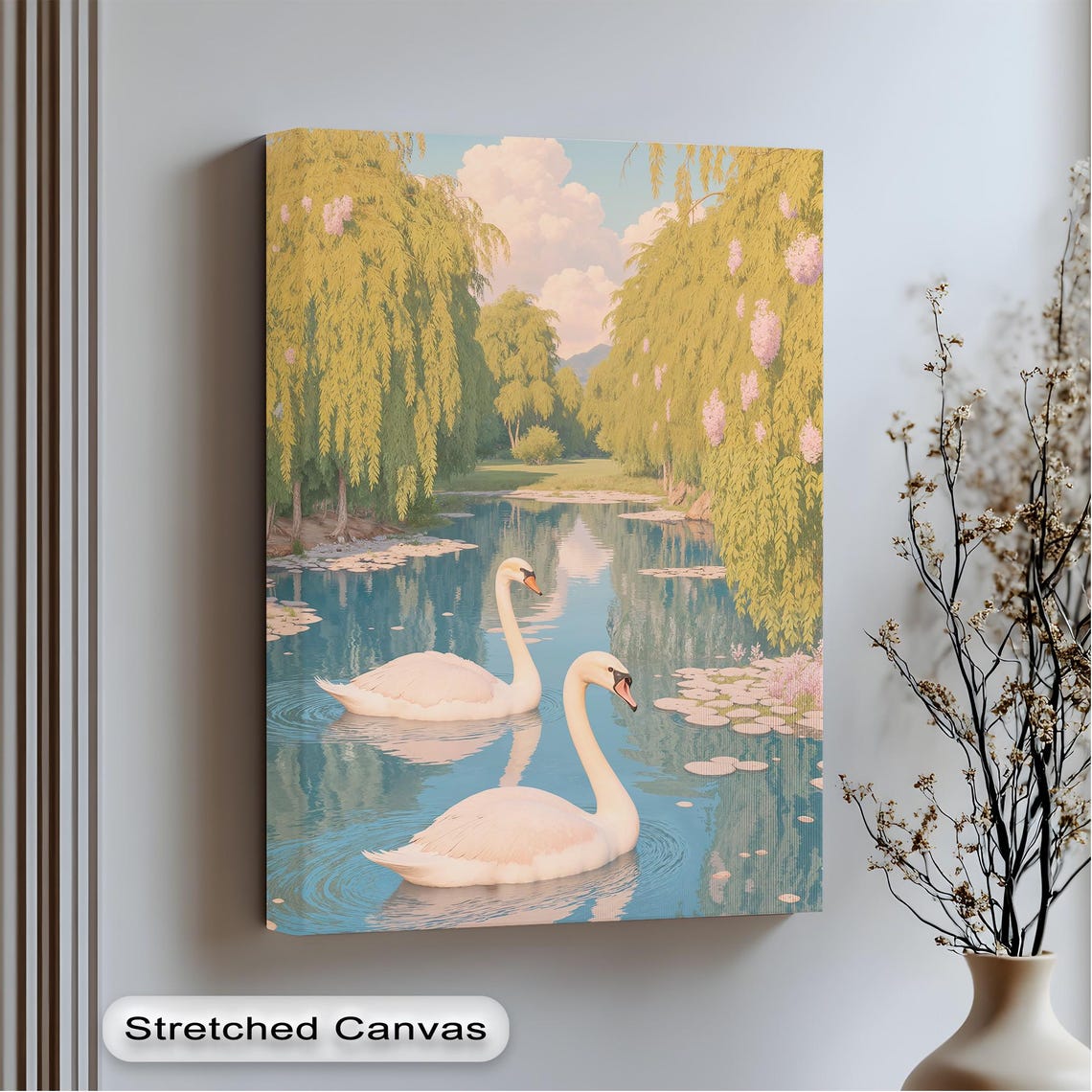 Two White Swans on Pond Willow Trees Romantic Floral Art Poster