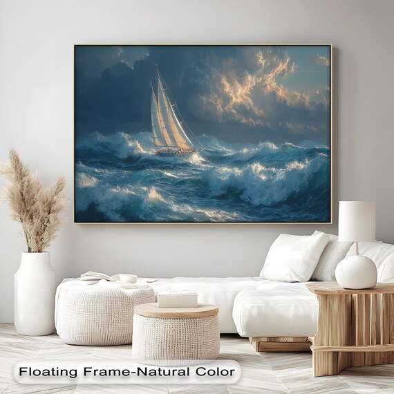 Sailboat Stormy Seas Dramatic Clouds Nautical Oil Painting Poster