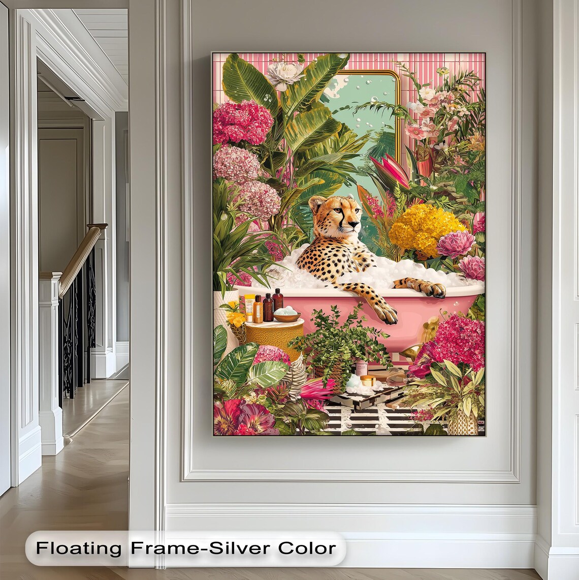 Cheetah In Pink Bathtub Canvas Art Tropical Jungle Bathroom Decor