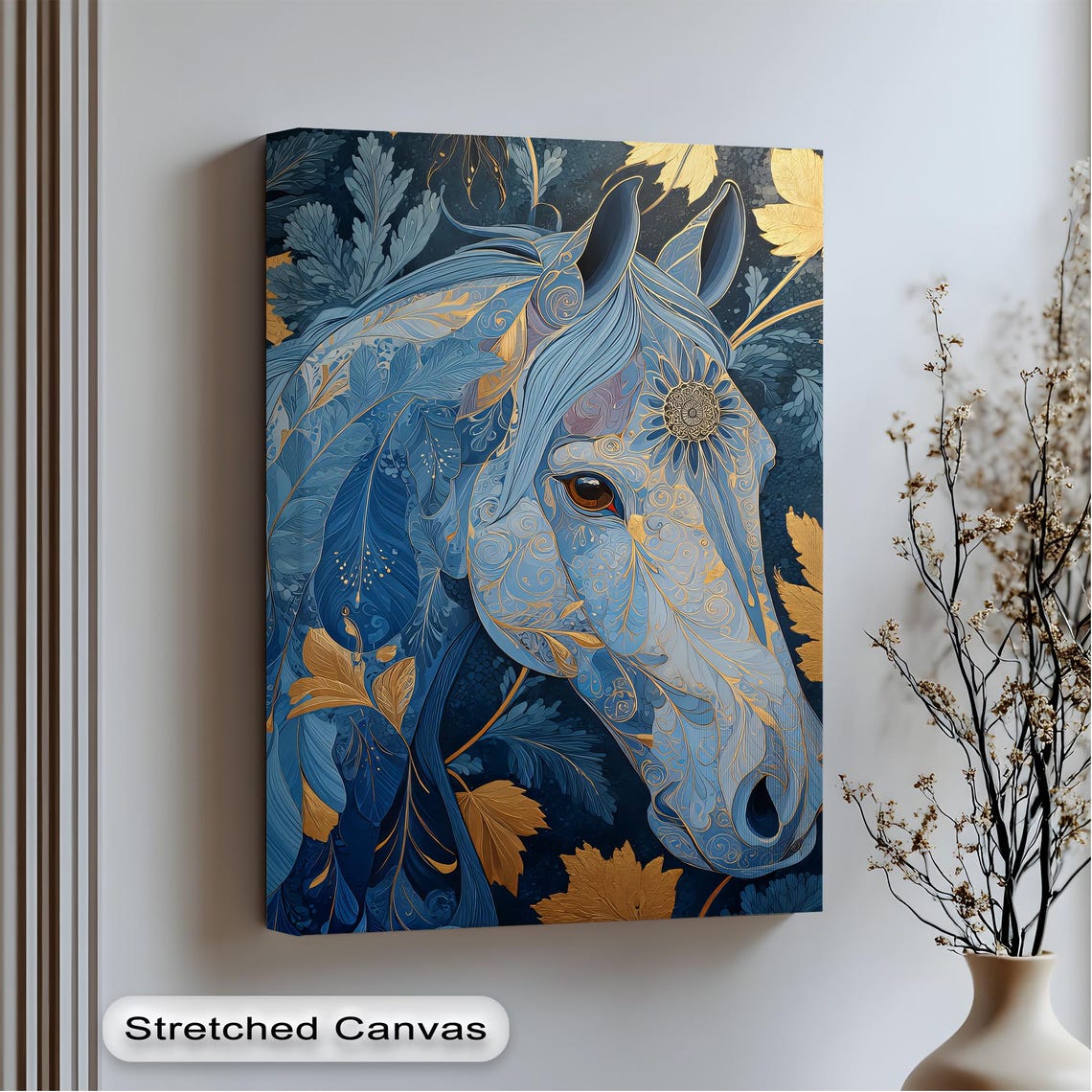 Blue Floral Horse Portrait Boho Paisley Botanical Equine Art Poster