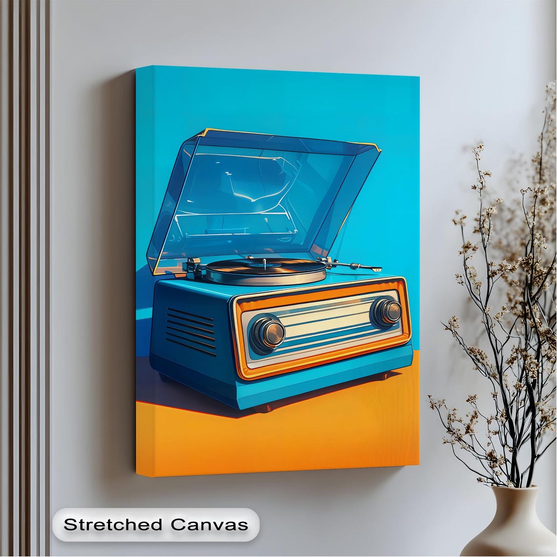 Retro Blue Record Player Turntable Bold Orange Pop Art Poster