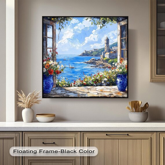 Coastal Village Window View Blue Sea Flowers Impressionist Art Poster