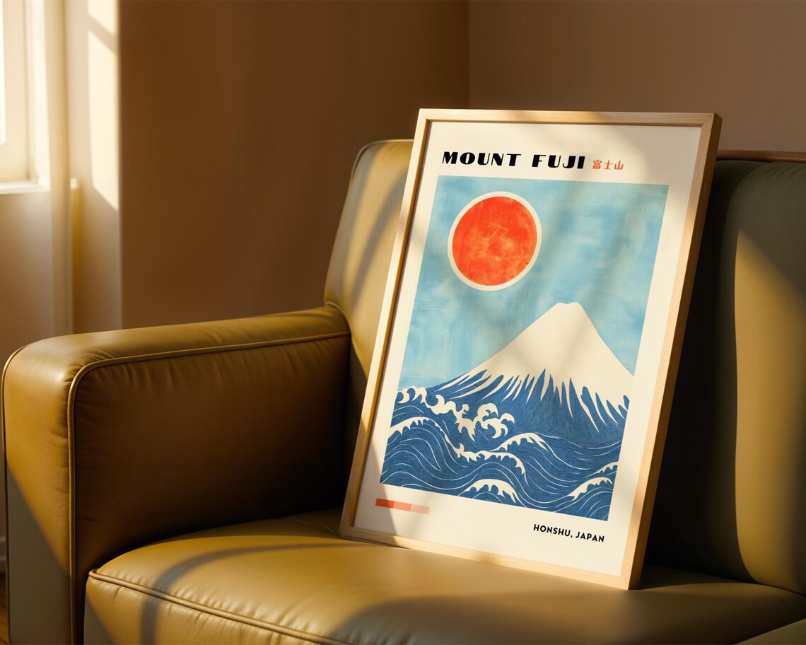 Mount Fuji Honshu Japan Red Sun Wave Retro Vintage Travel Poster