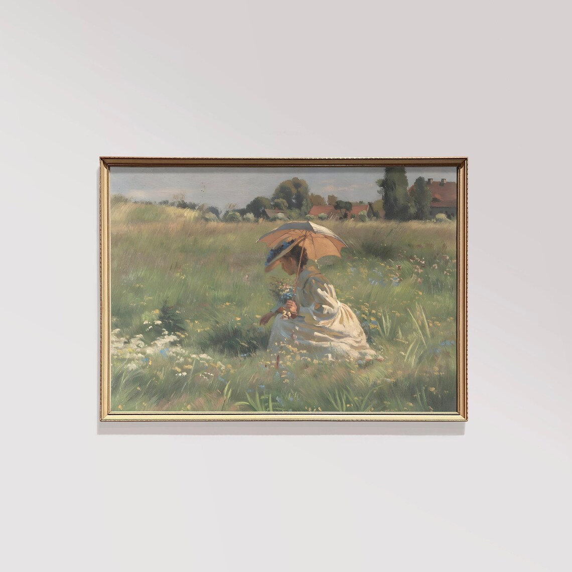 French Countryside Woman with Parasol in Meadow Vintage Poster - Image 2