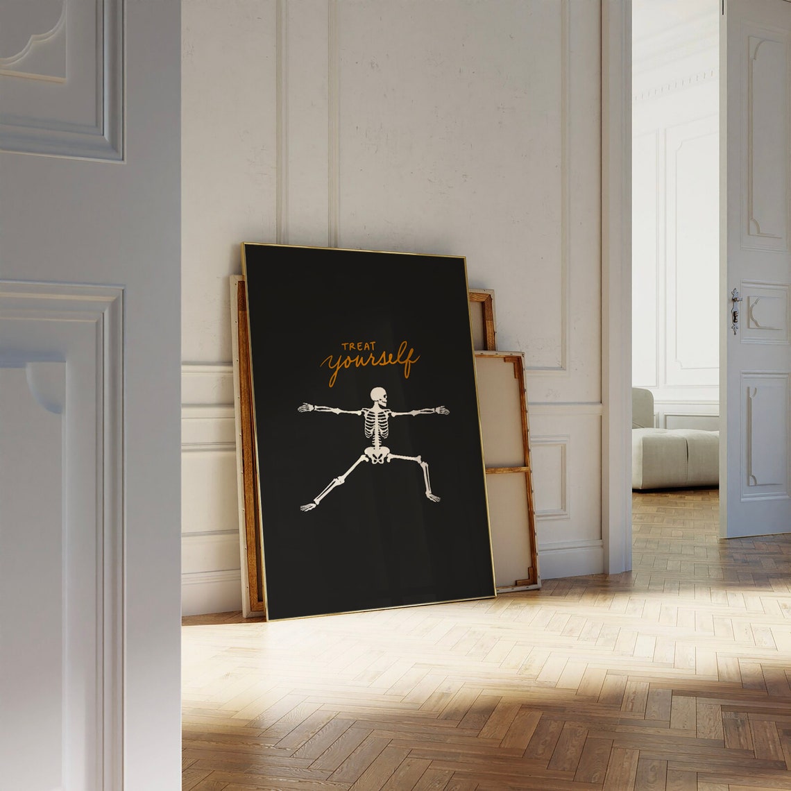 Treat Yourself Dancing Skeleton Gold Black Halloween Party Poster - Image 3