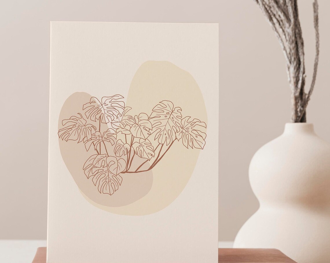 Delicate Monstera Leaf Line Art Over Beige Organic Botanical Poster - Image 3