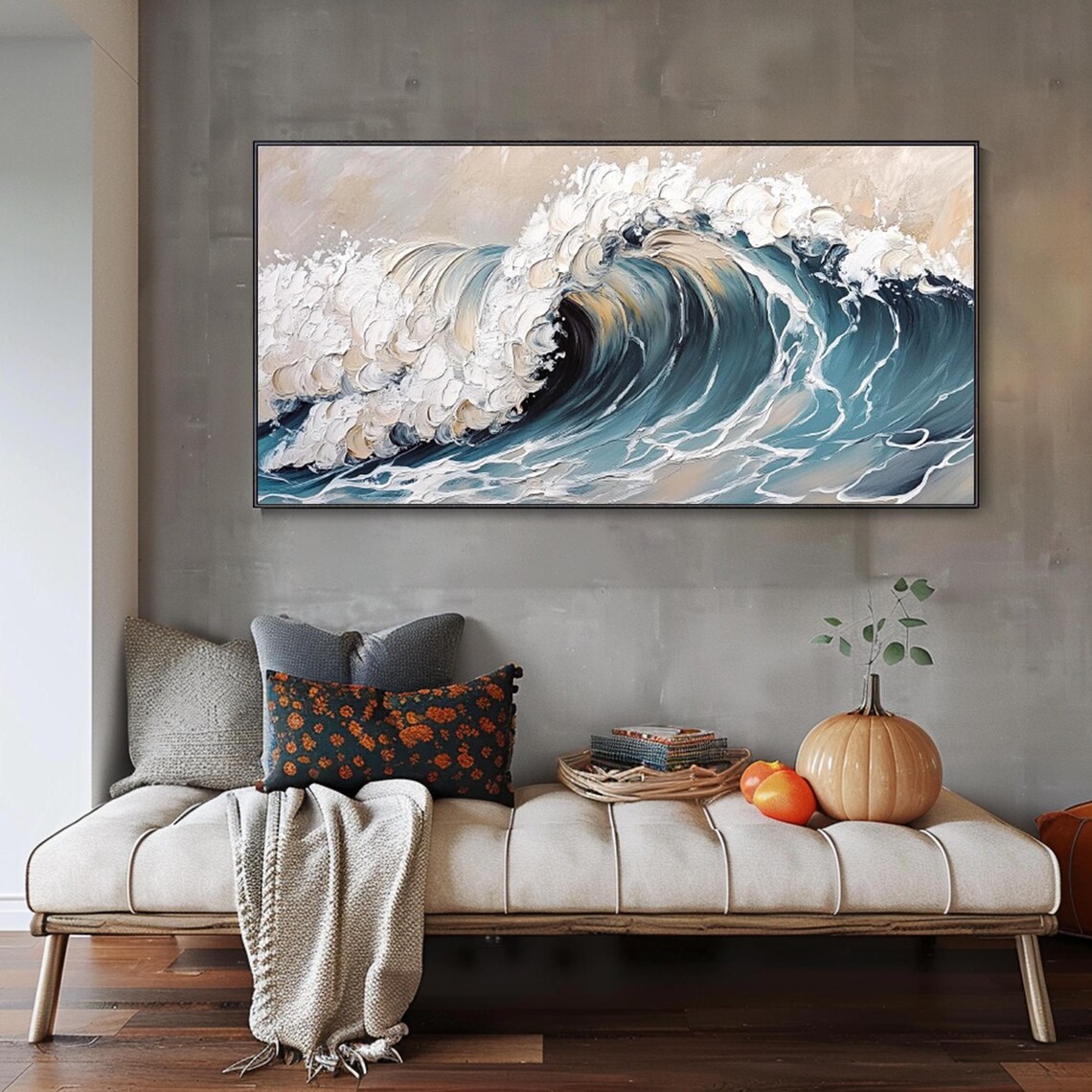 Curling Ocean Wave Teal White Foam 3D Impasto Textured Seascape Art Wall Poster - Image 3