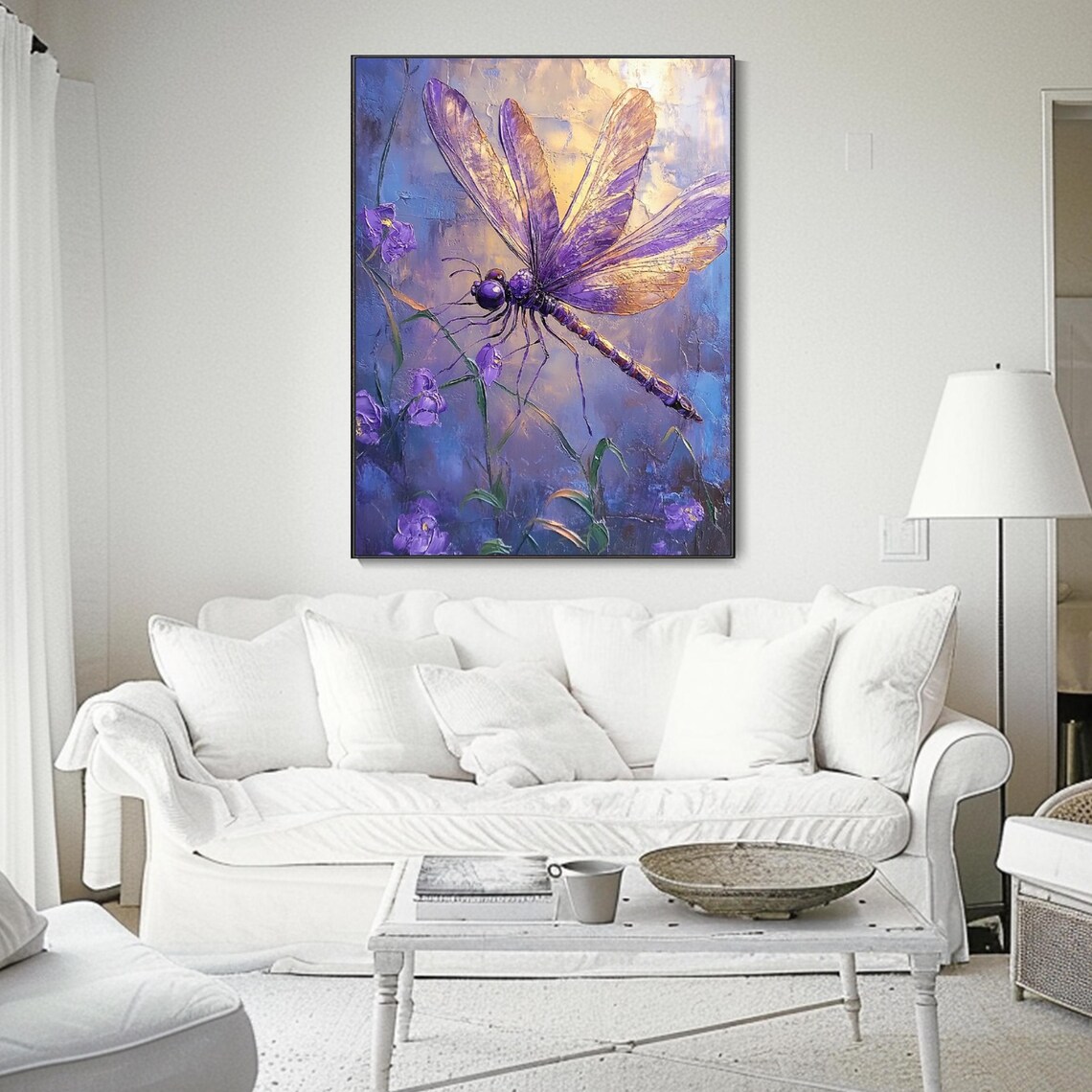 Purple Dragonfly Golden Wings Violet Flowers 3D Textured Insect Art Wall Poster - Image 2