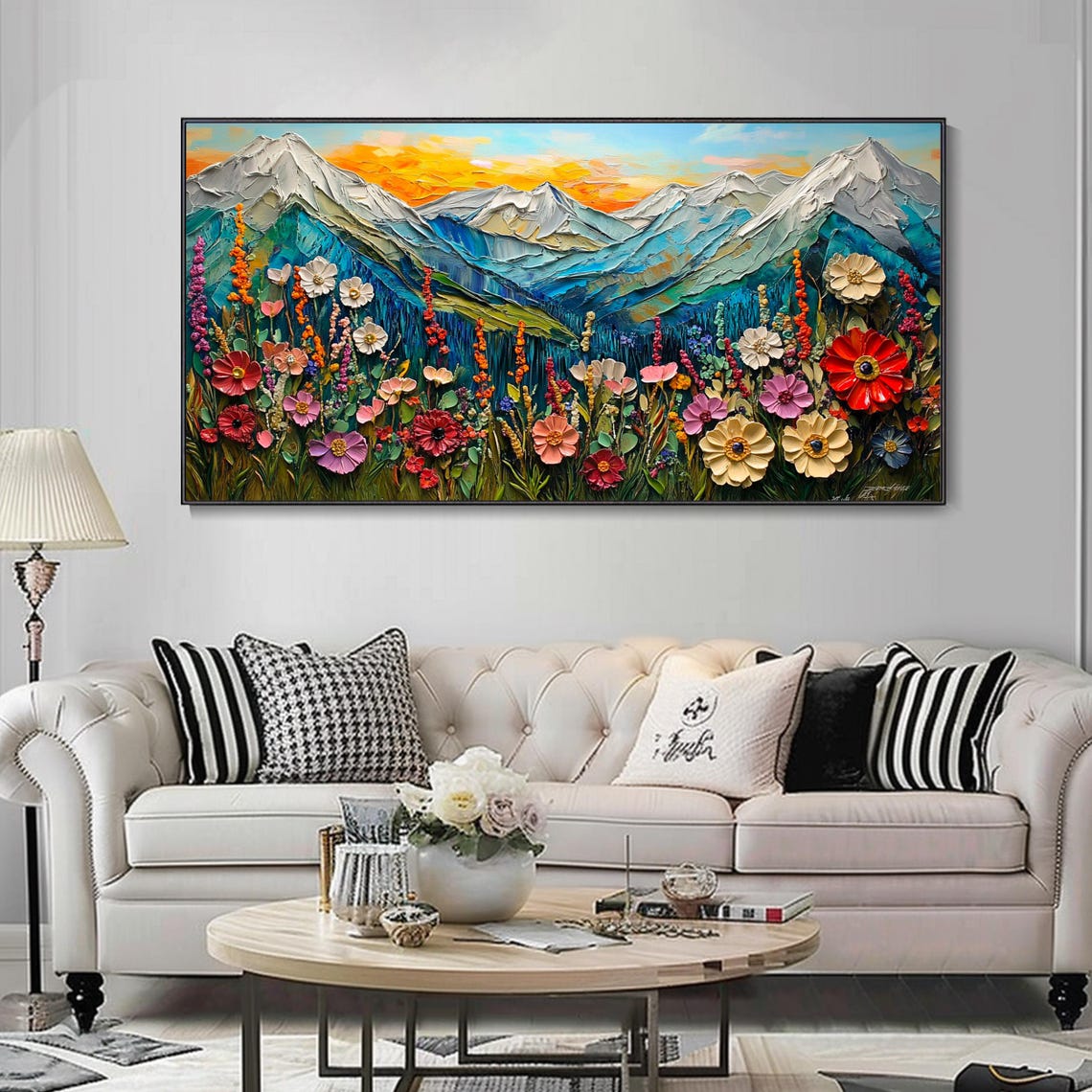 Mountain Valley Wildflowers With Snowy Peaks Sunset Glow Poster - Image 3