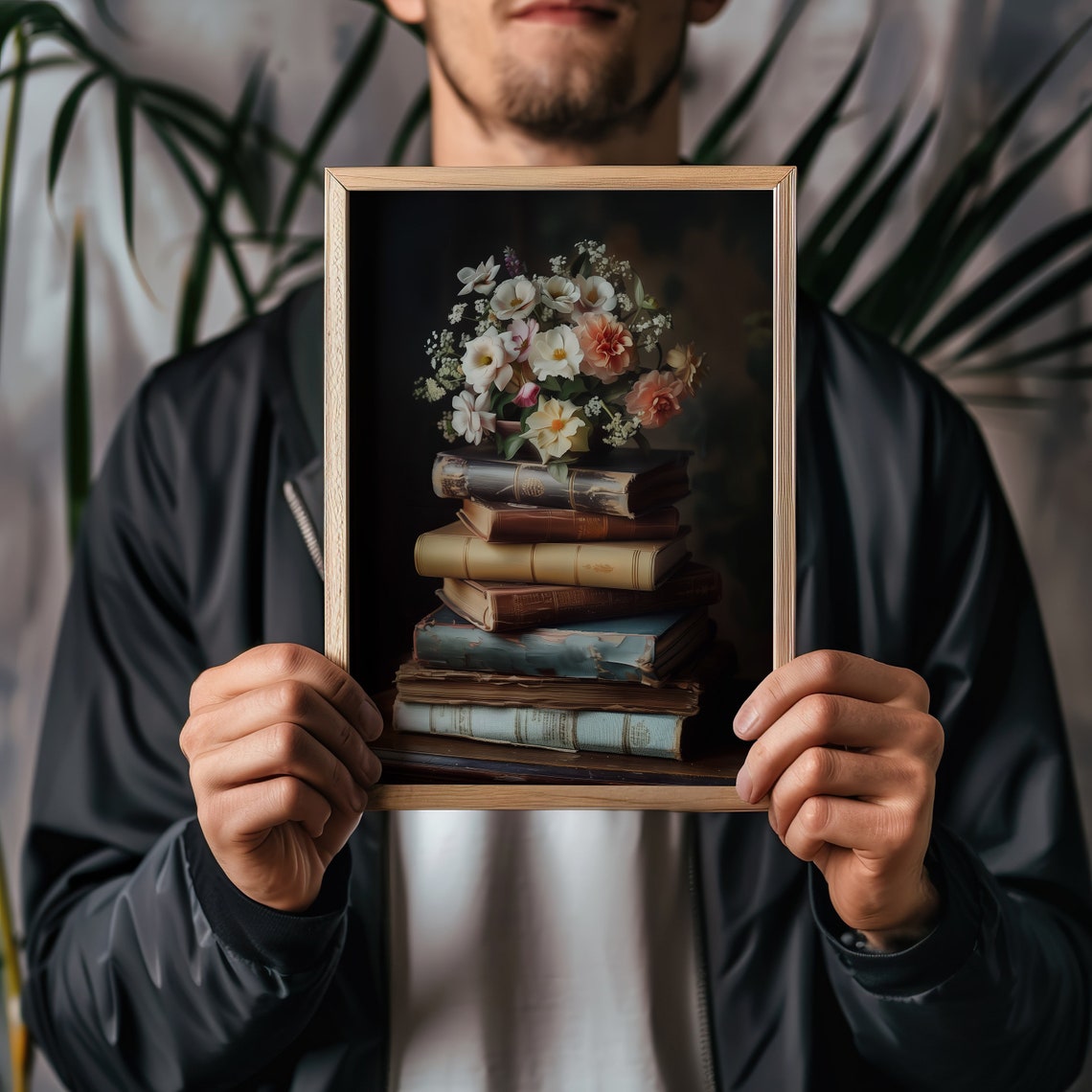Stacked Vintage Books With Spring Wildflowers Book Lover Art Print - Image 5