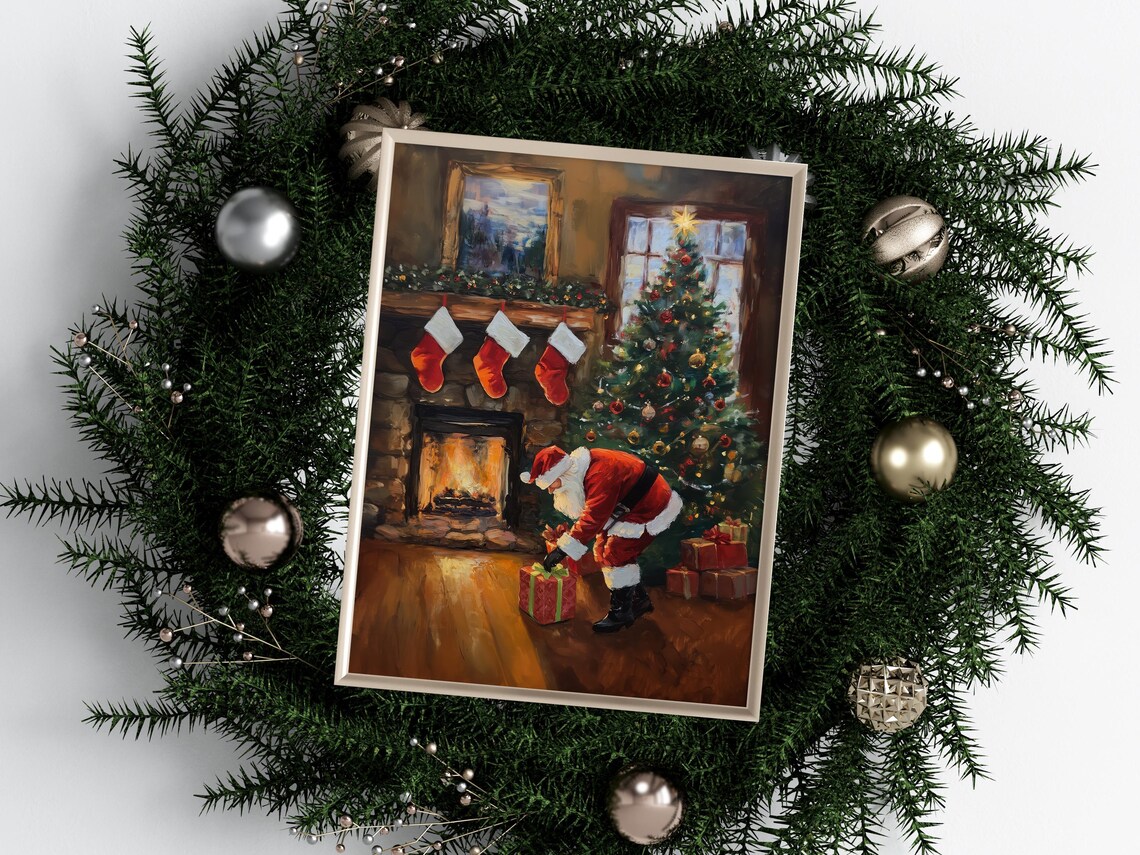 Santa Claus By The Fireplace Christmas Eve Vintage Holiday Art Print - Image 2