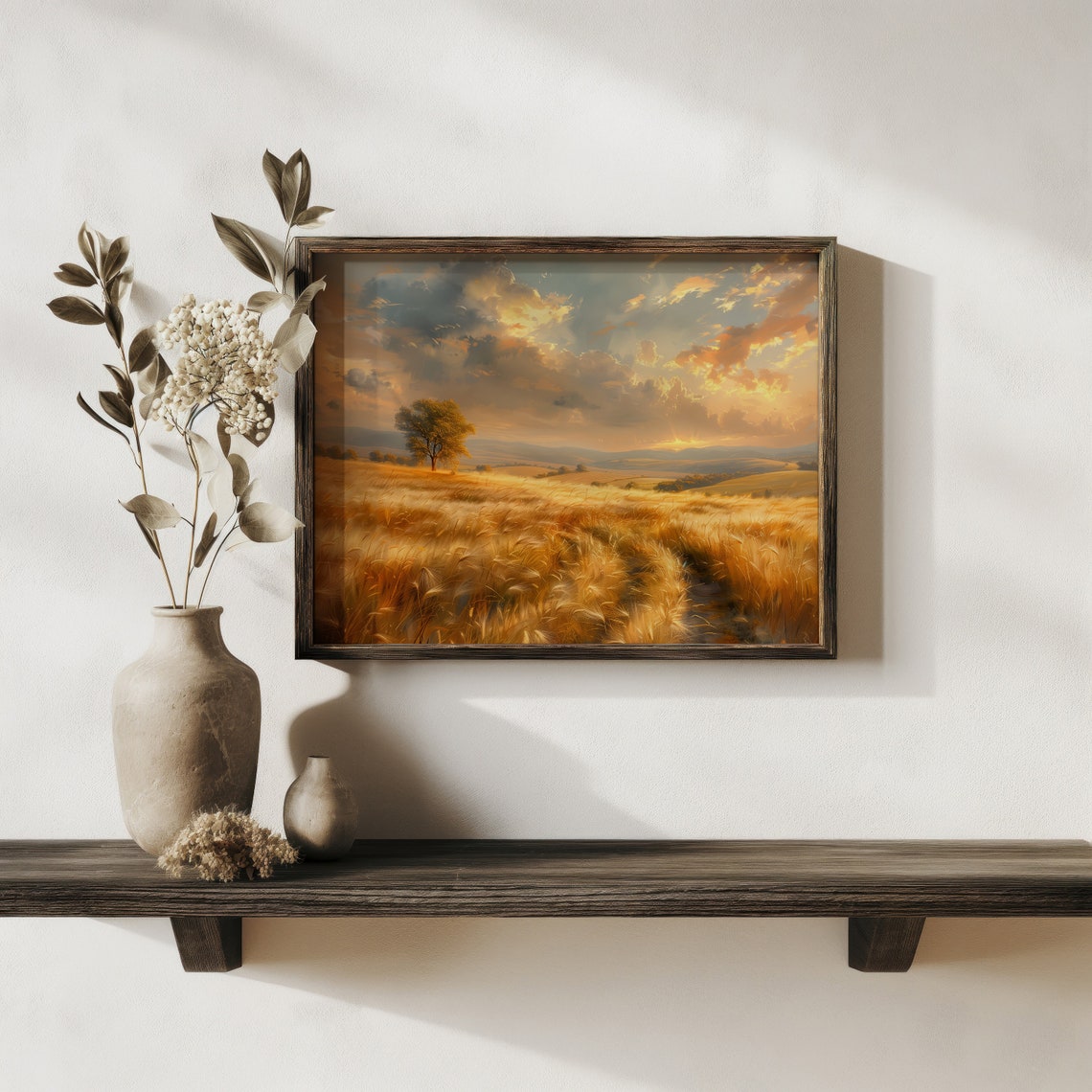 Golden Wheat Field Sunset Lone Tree Harvest Landscape Painting Print - Image 2