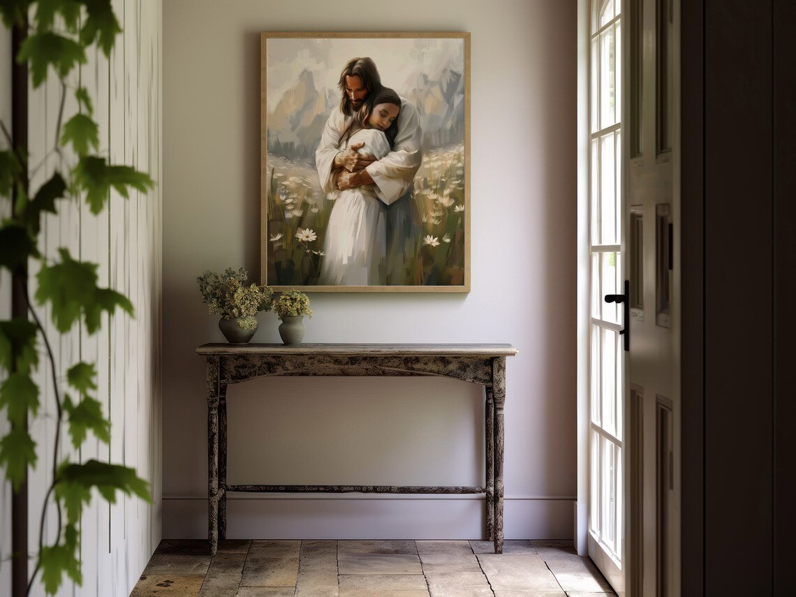 Jesus Hugging Woman Daisy Field Mountains Comforting Christian Art Print - Image 3