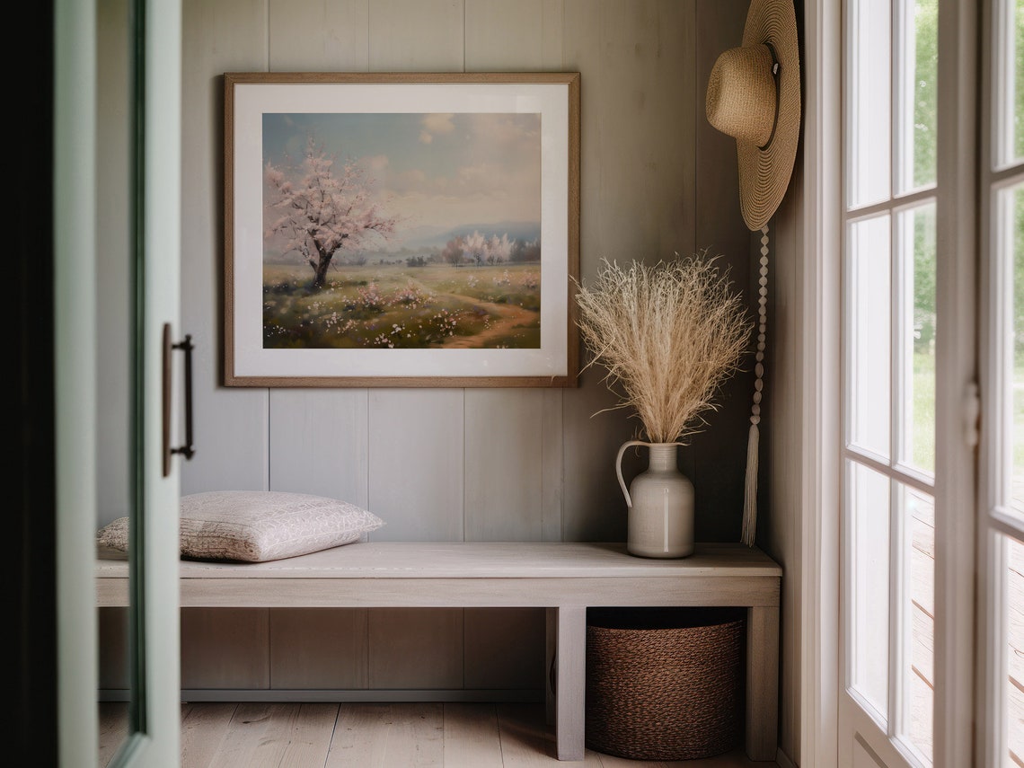 Cherry Blossom Tree Spring Meadow Pink Floral Landscape Wall Art - Image 5
