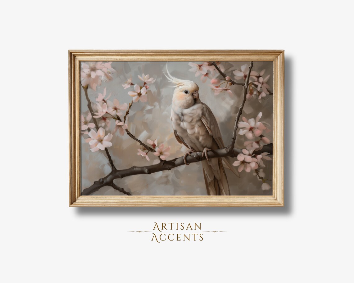 Cockatiel Cherry Blossom Branch Pink Spring Bird Painting Art Print