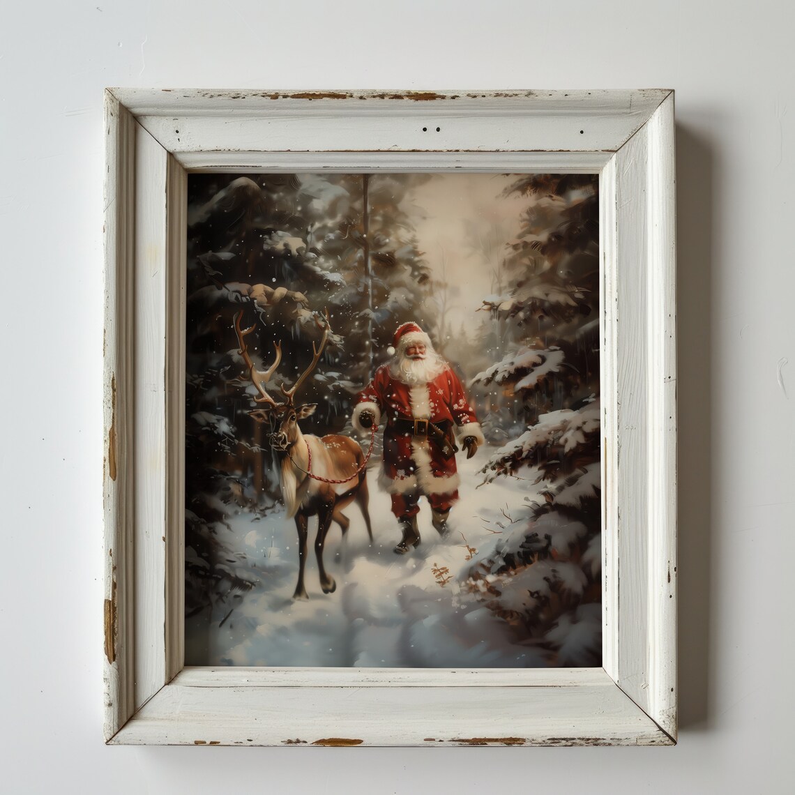 Santa Claus And Reindeer In Snowy Forest Christmas Oil Painting Print - Image 2