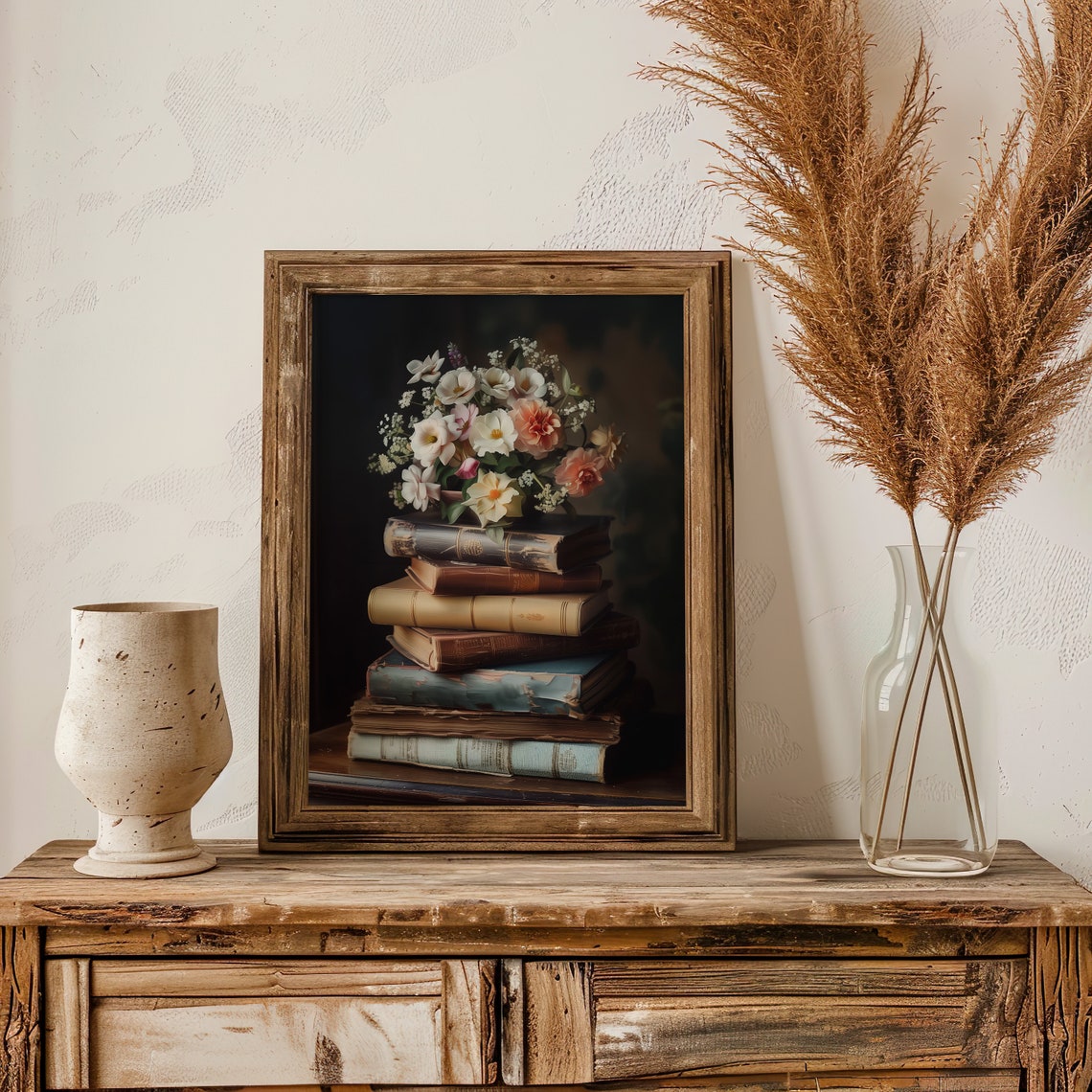 Stacked Vintage Books With Spring Wildflowers Book Lover Art Print - Image 4