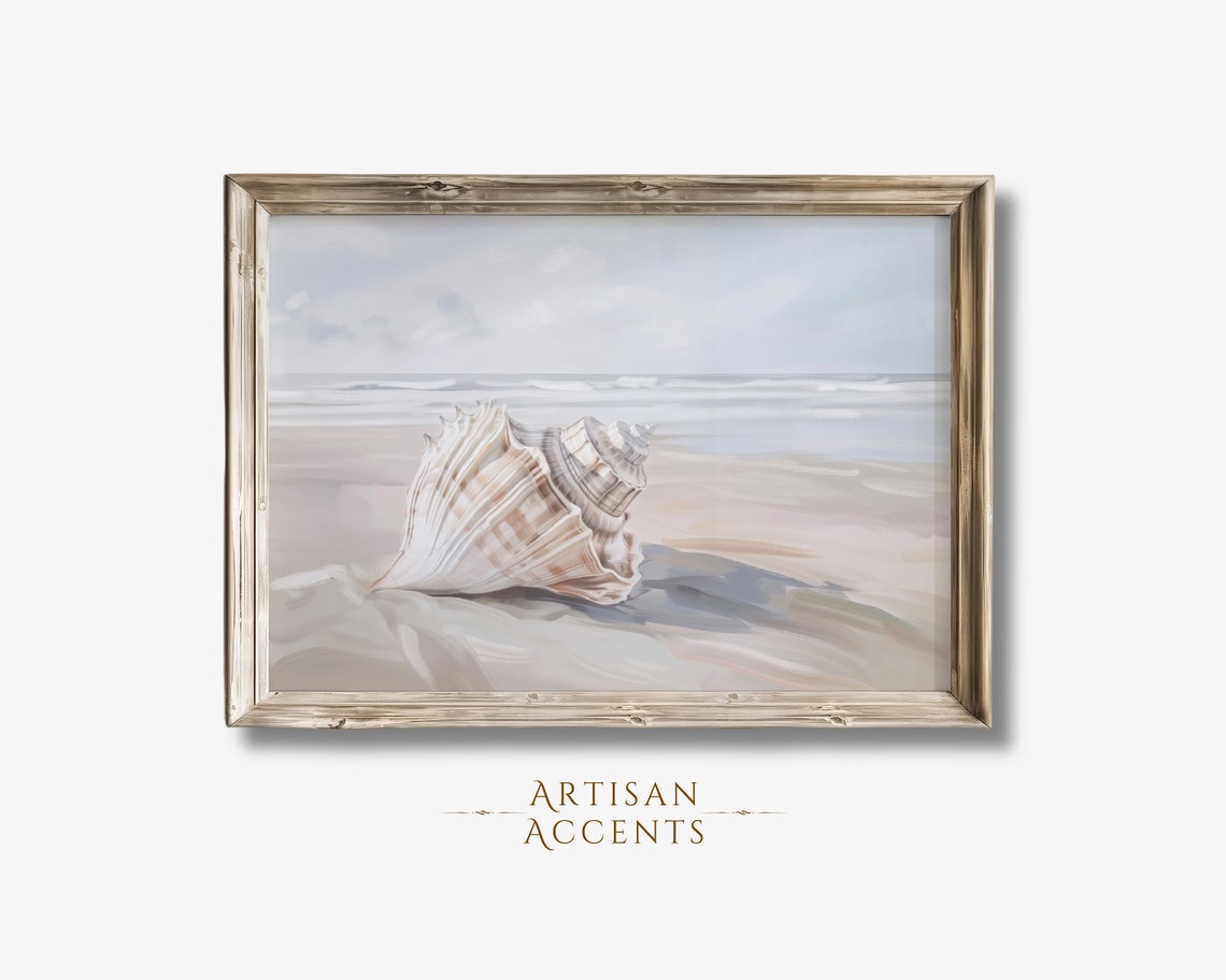 Large Seashell Resting On Sandy Beach Soft Neutral Coastal Wall Art