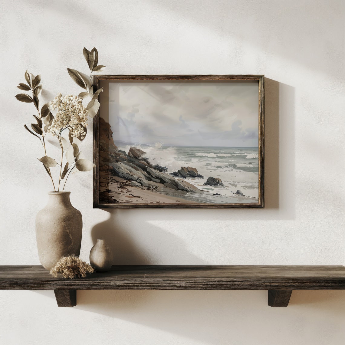 Rocky Shoreline Waves Breaking Moody Gray Coastal Painting Print - Image 3
