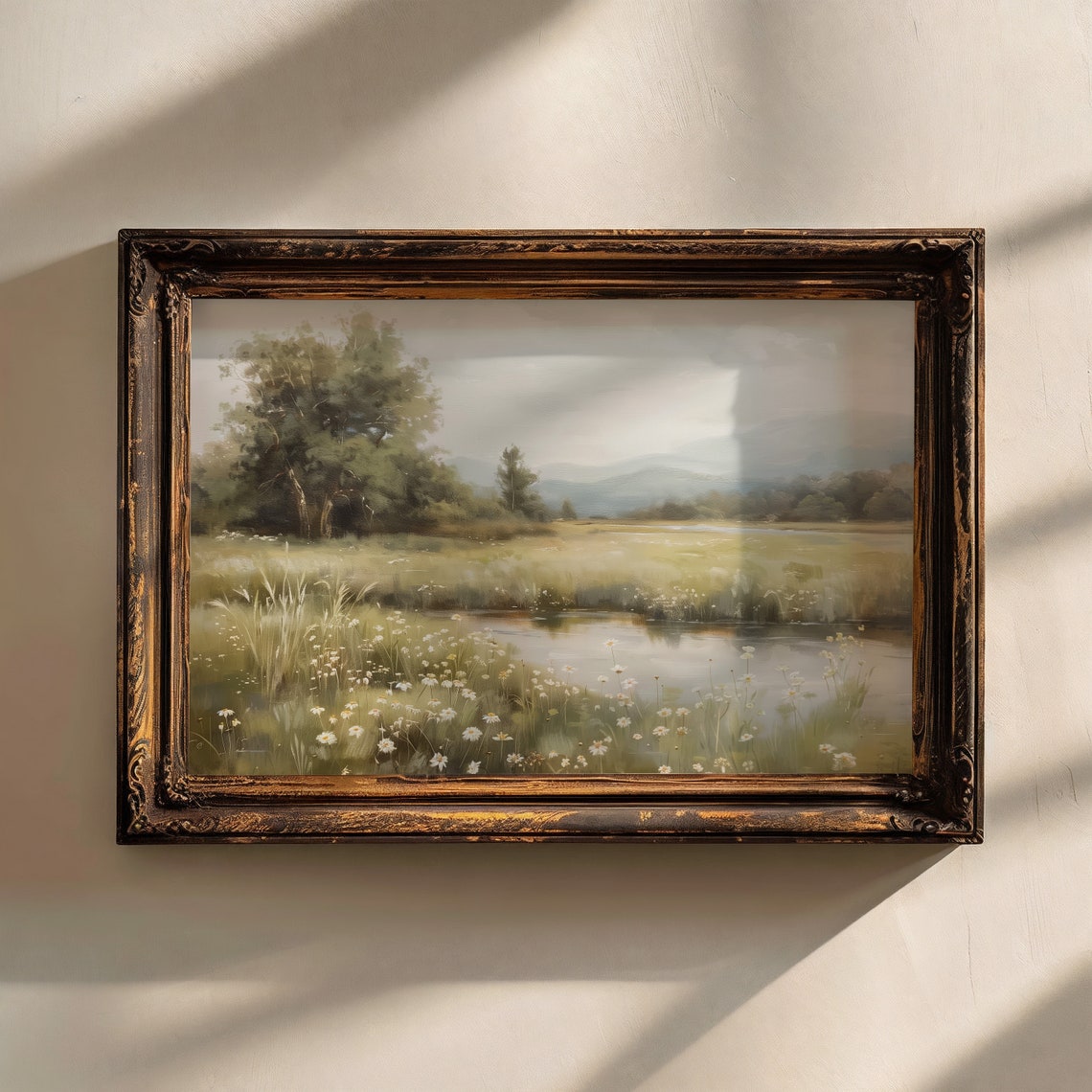Meadow Pond With Daisies Spring Wildflower Landscape Oil Painting - Image 3
