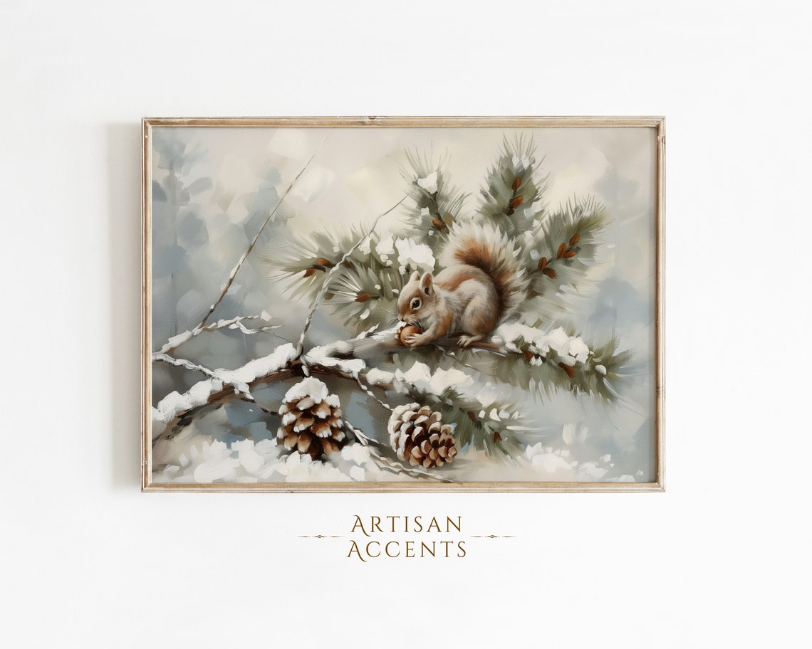 Squirrel With Pinecones On Snowy Pine Branch Winter Wildlife Print