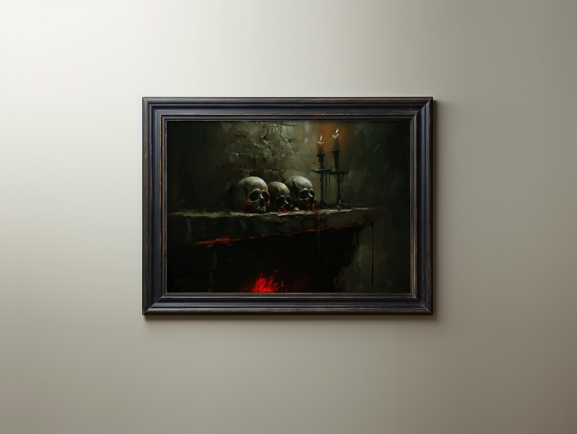 Skulls Fireplace Candles Dark Gothic Halloween Moody Oil Painting Poster - Image 3