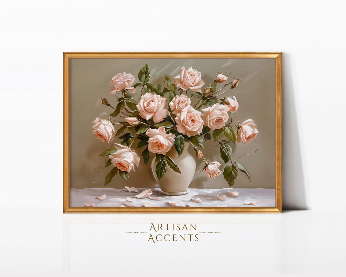 Blush Pink Roses White Vase Romantic Floral Still Life Art Print