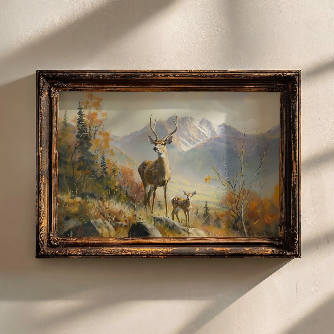 Stag And Fawn In Autumn Mountain Landscape Wildlife Painting Print - Image 2