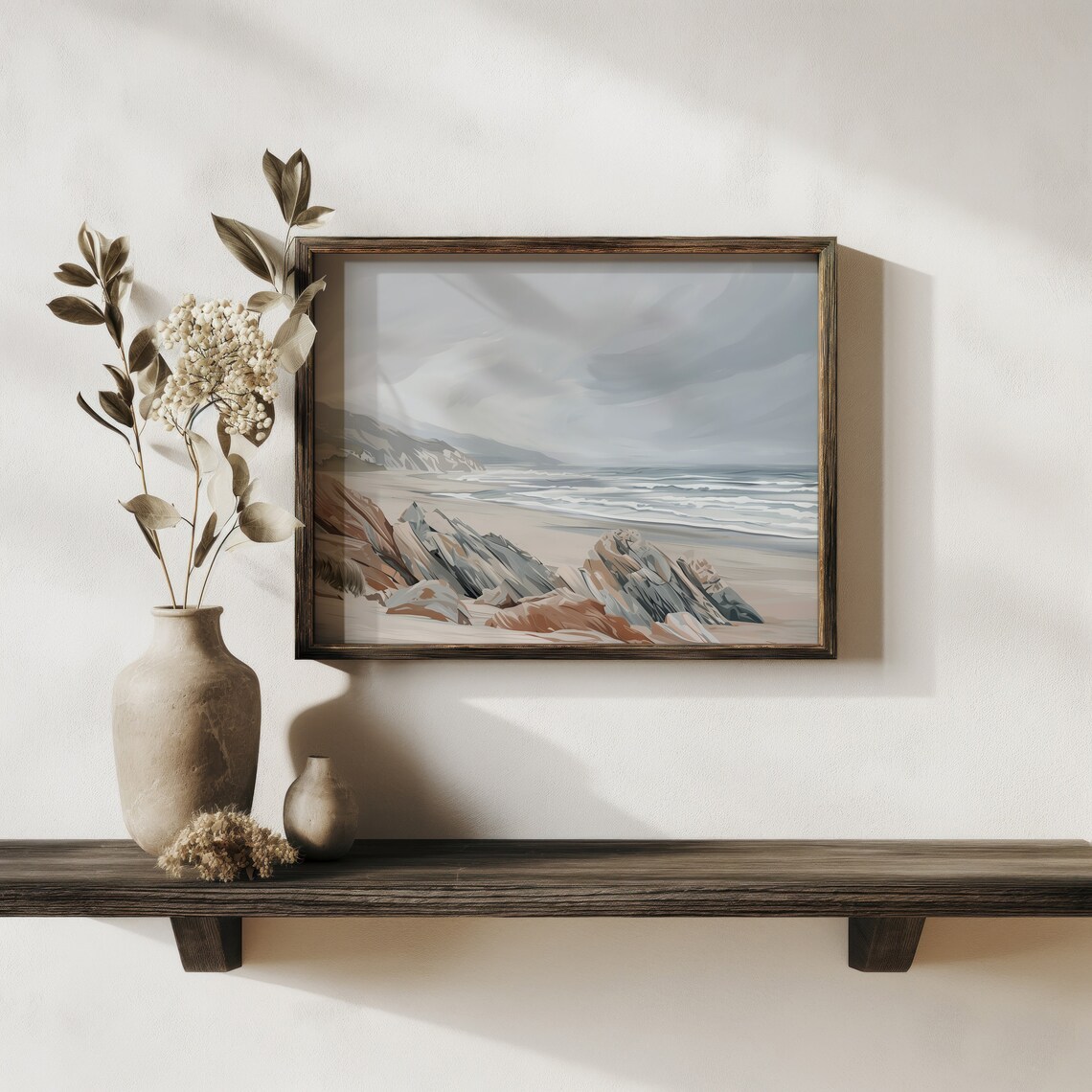 Rocky Cliff Beach With Crashing Waves Moody Coastal Painting Print - Image 3