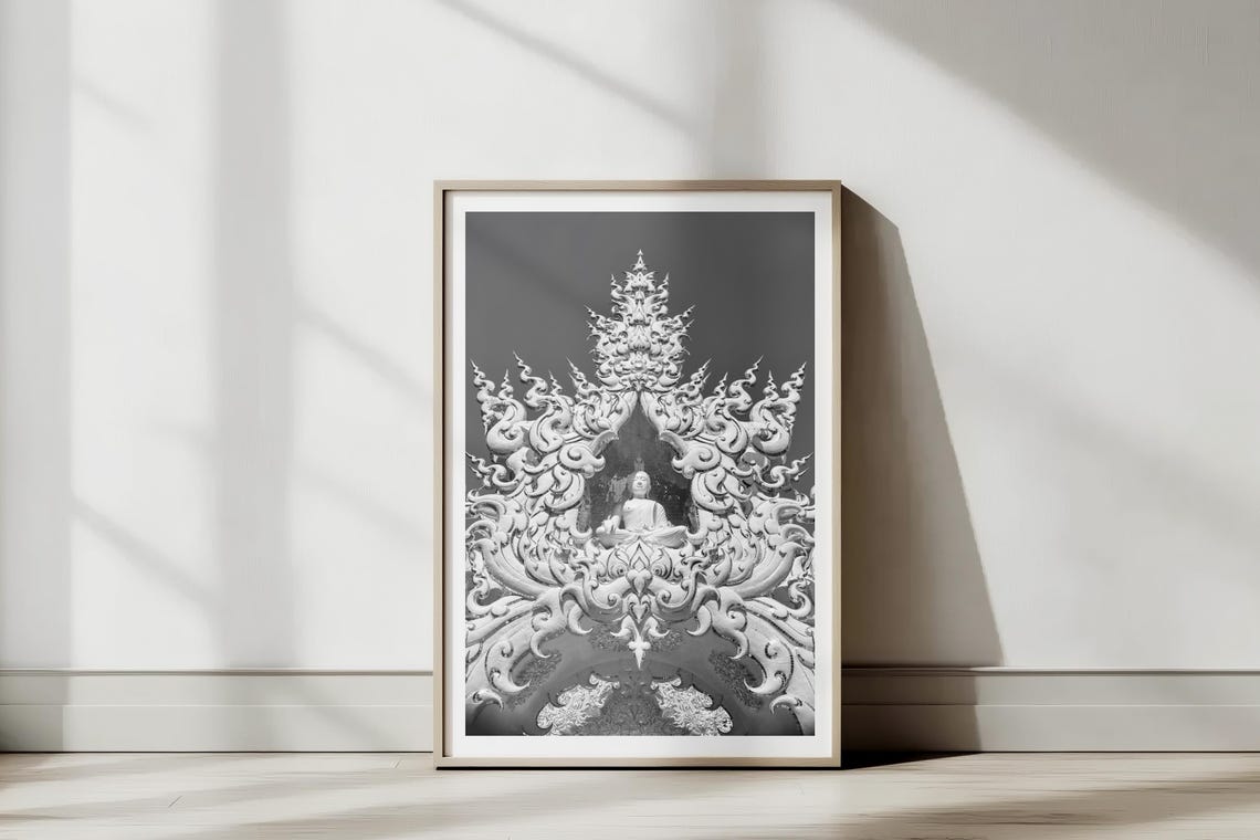 Ornate Thai Temple White Carved Facade Buddha Black and White Poster