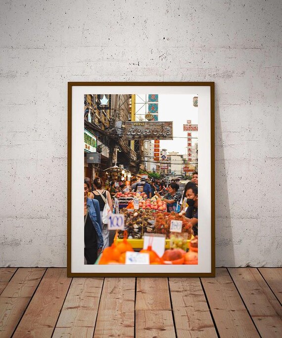 Bangkok Chinatown Busy Fruit Market Street Scene Travel Poster
