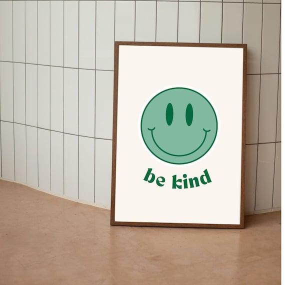 Be Kind Happy Green Smiley Face Retro Positivity Quote Art Print