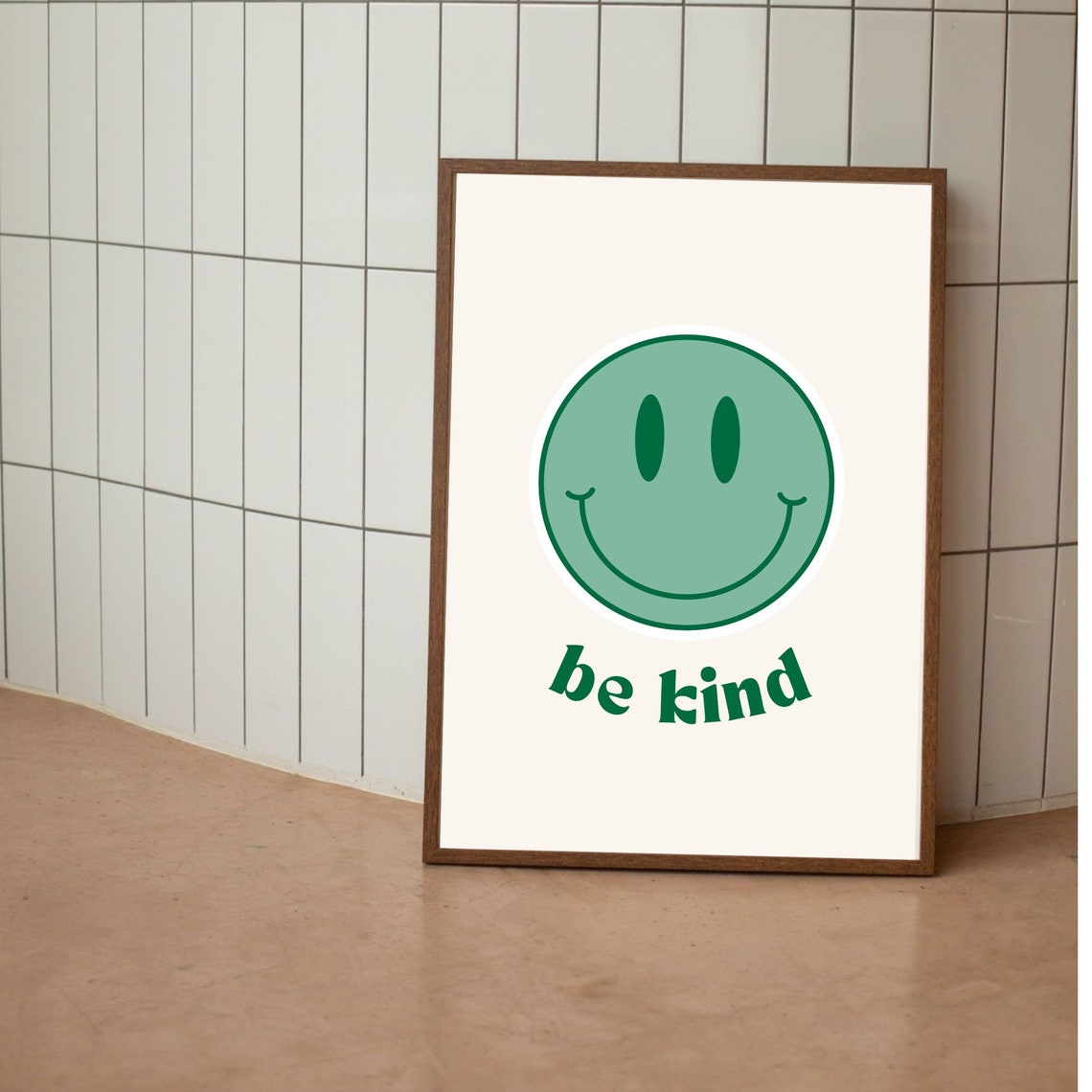 Be Kind Happy Green Smiley Face Retro Positivity Quote Art Print