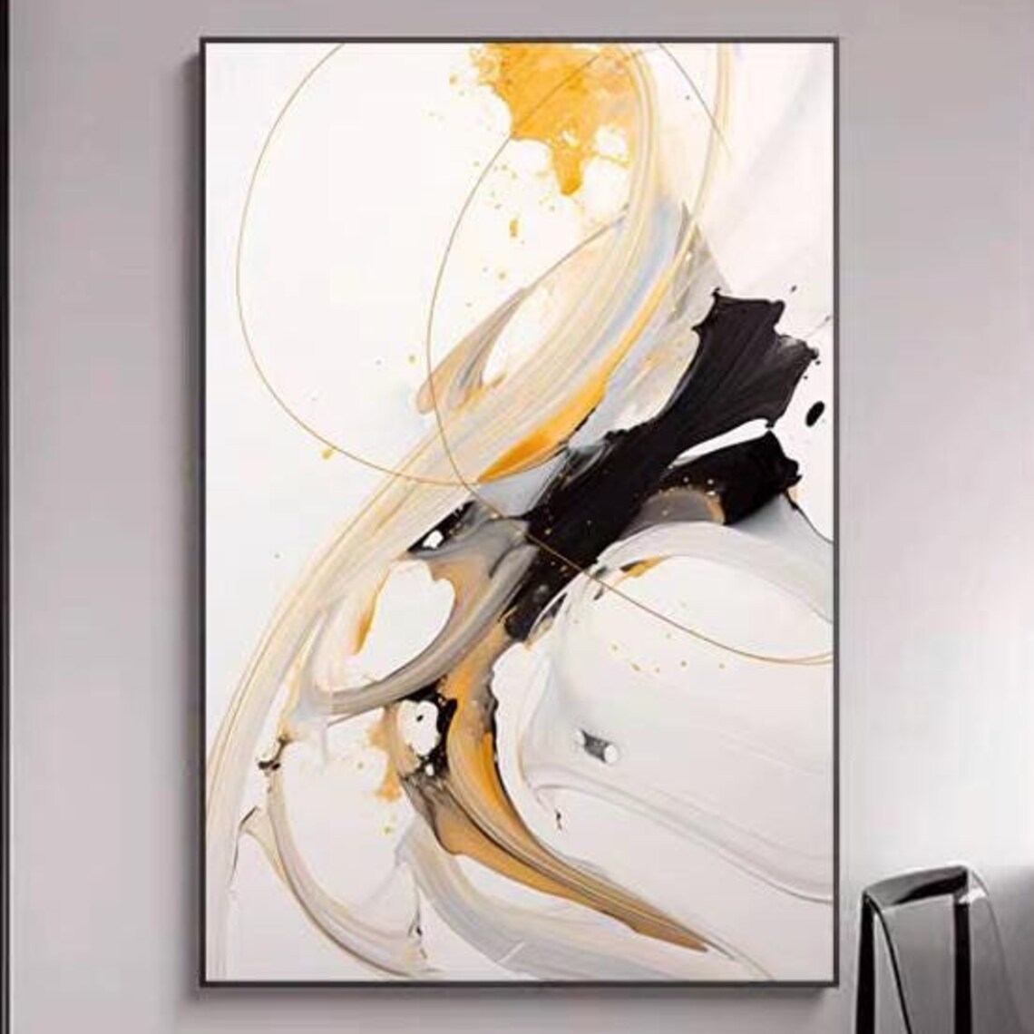 Black Gold and White Swirling Ink Style Modern Abstract Art Poster
