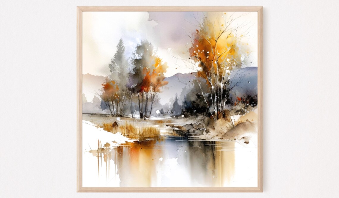 Autumn Lake Watercolor Mountain Landscape Art Print