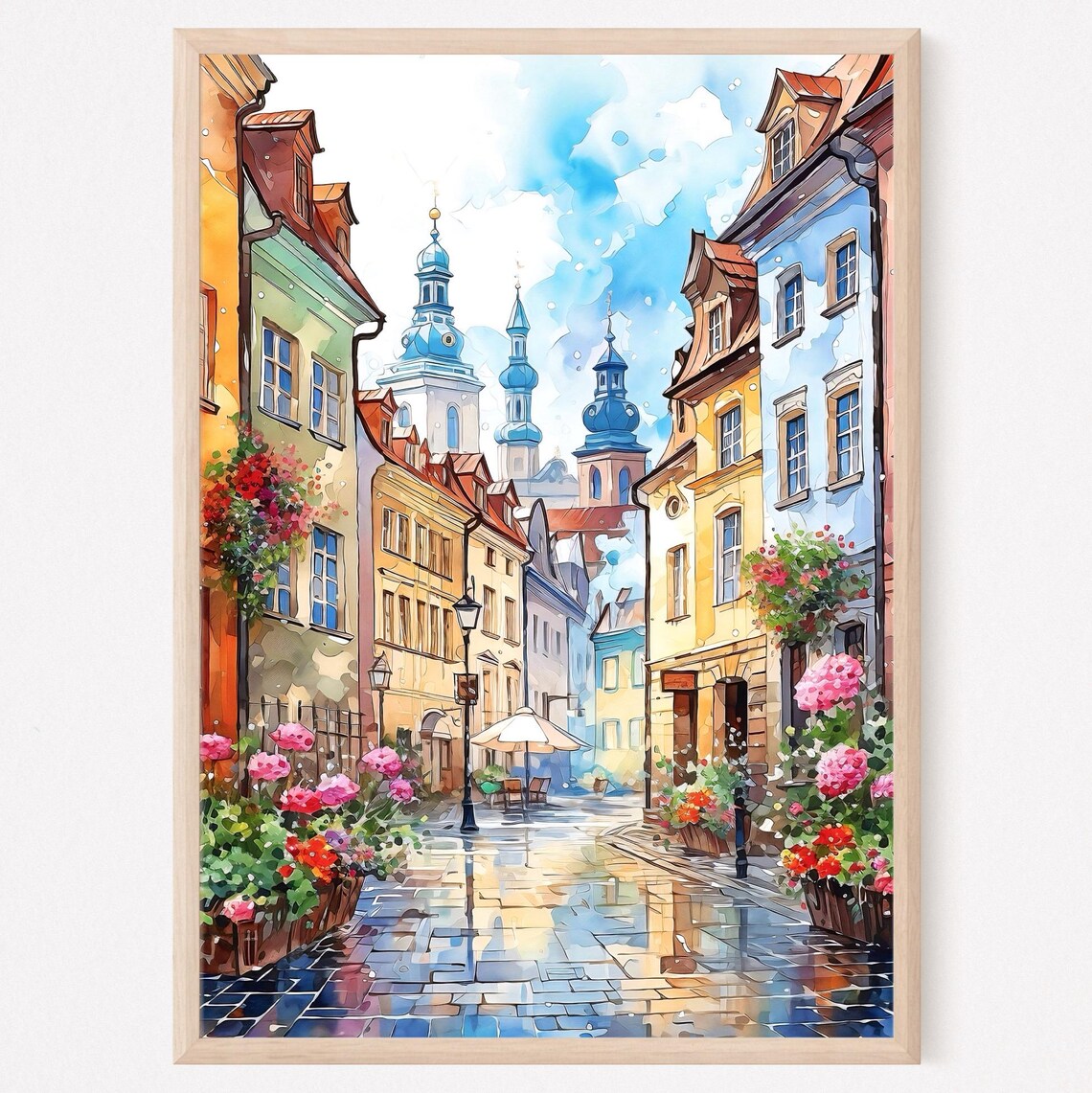 European Old Town Flower Filled Street Blue Domes Watercolor Poster