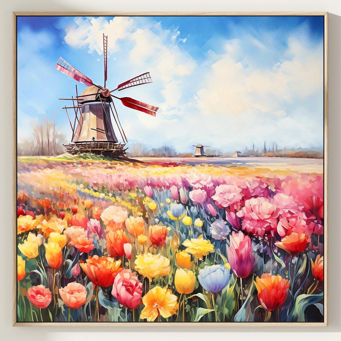 Windmill Tulip Field Netherlands Travel Poster