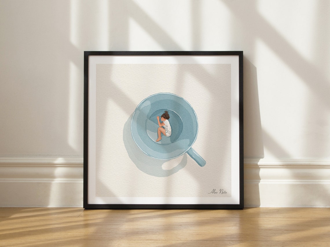 Dreamy Woman Sleeping Inside a Giant Blue Coffee Mug Wall Poster - Image 3