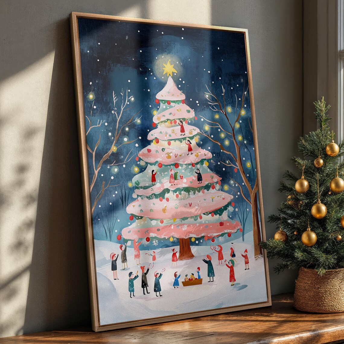 Festive Christmas Tree Night Scene Snowy Village Whimsical Art Poster
