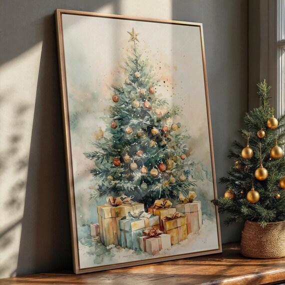 Watercolor Christmas Tree With Gifts Vintage Holiday Scene Poster