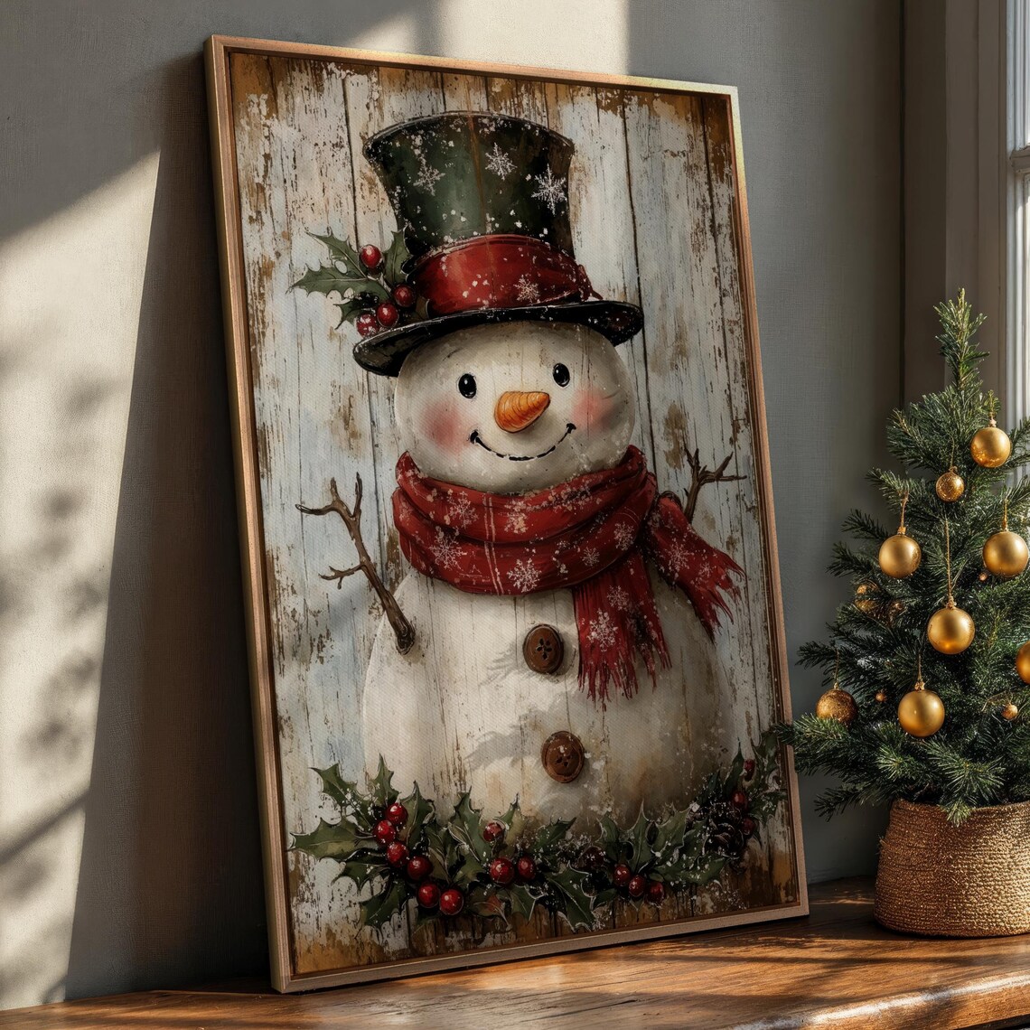 Rustic Vintage Snowman Portrait Farmhouse Christmas Painting Canvas Poster