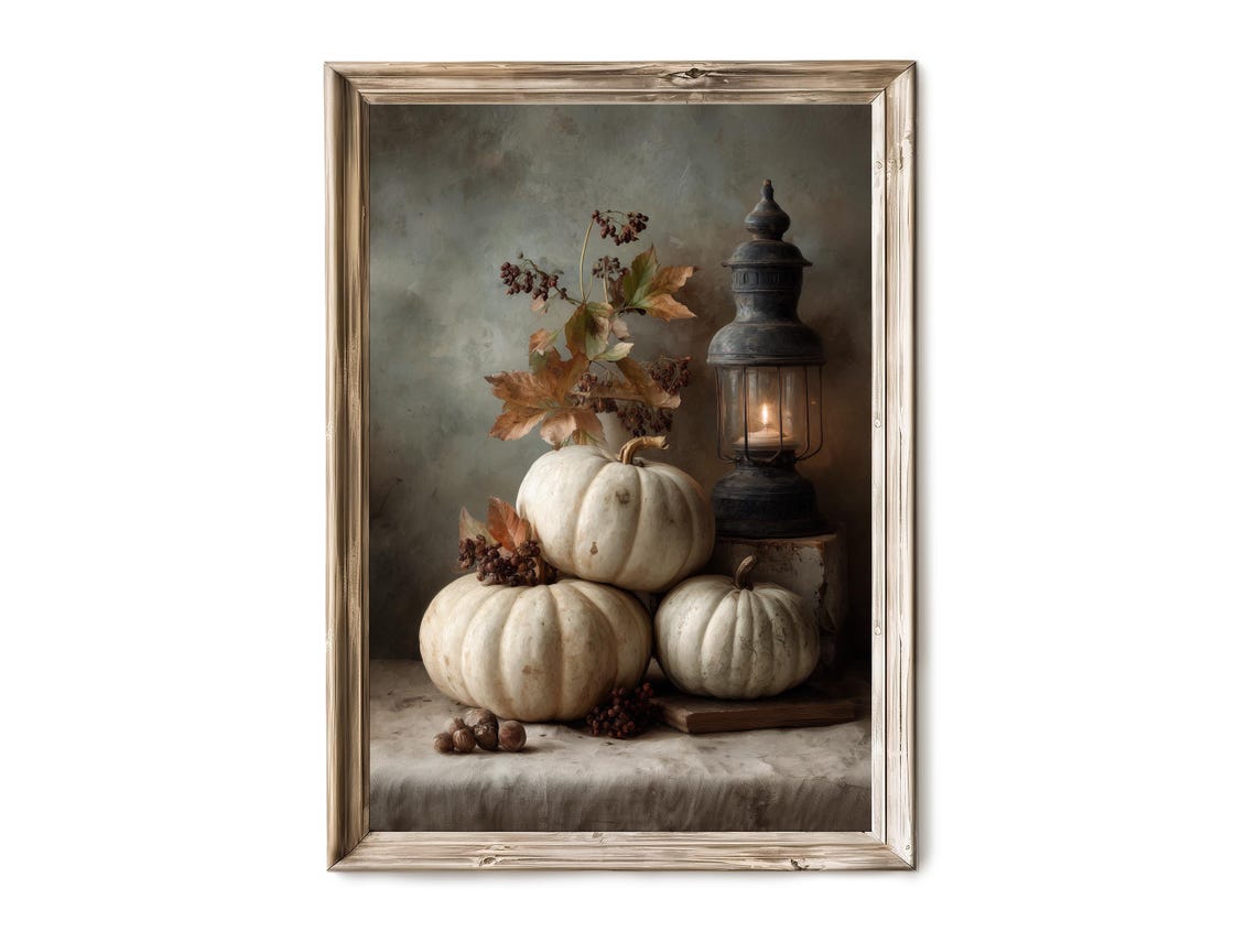 White Pumpkin Autumn Still Life with Lantern Candlelight Poster