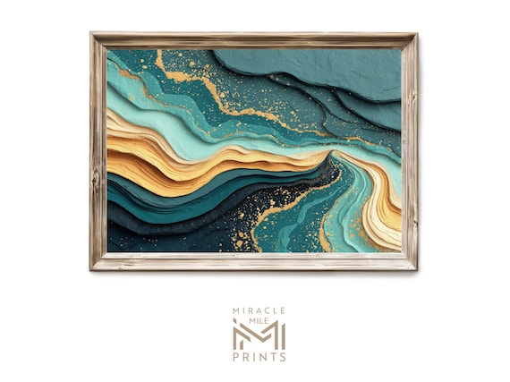 Modern Wave Abstract Wall Art Blue Gold Fluid Contemporary Decor Neutral Ocean 234