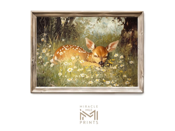 Baby Deer Fawn Sleeping Daisy Meadow Vintage Rustic Nursery Art Poster