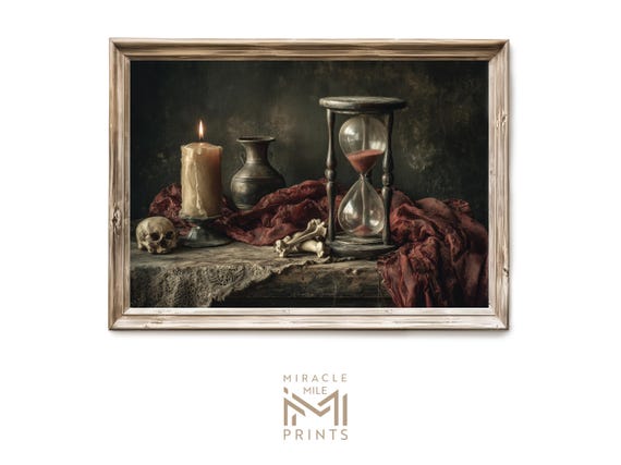 Halloween Haunted Still Life Gothic Skull And Hourglass Painting Dark Academia Vintage Wall Art Spooky Antique 325